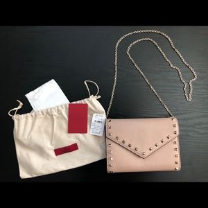 Rockstud V-Flap Calfskin Leather Wallet on a Chain